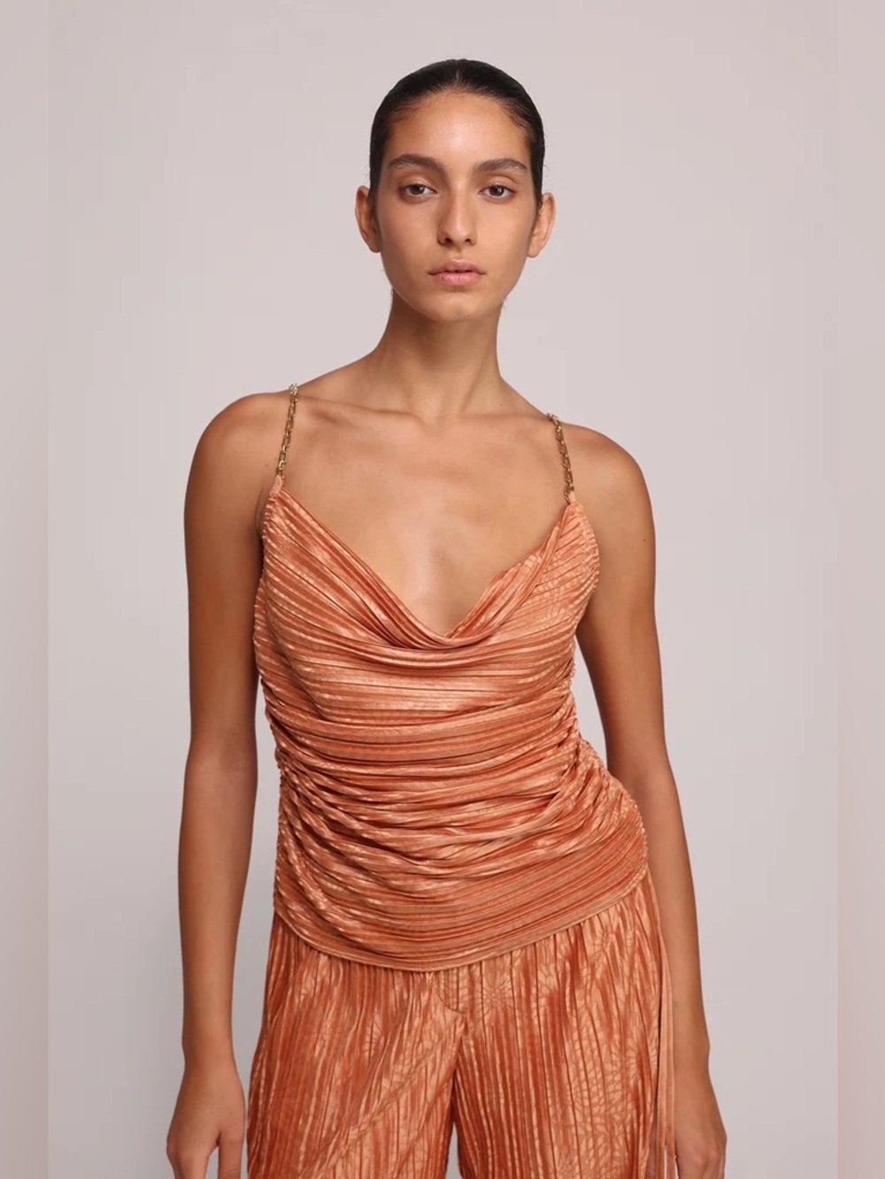 New! Sabina Musayev Lay Cowl Neck Metallic Top in Copper Caramel M